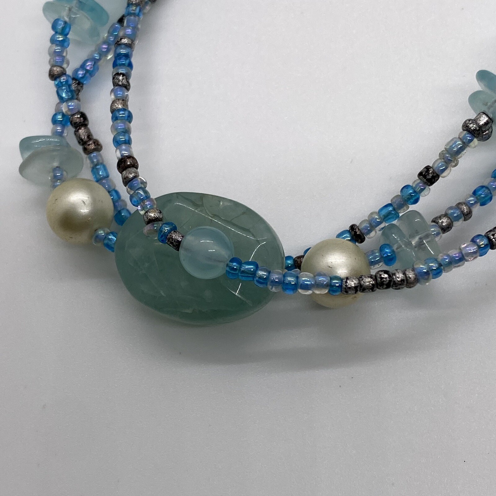 3 Strand Light Blue Glass Bead Necklace Teal Turquoise Beach Casual Handmade 15”