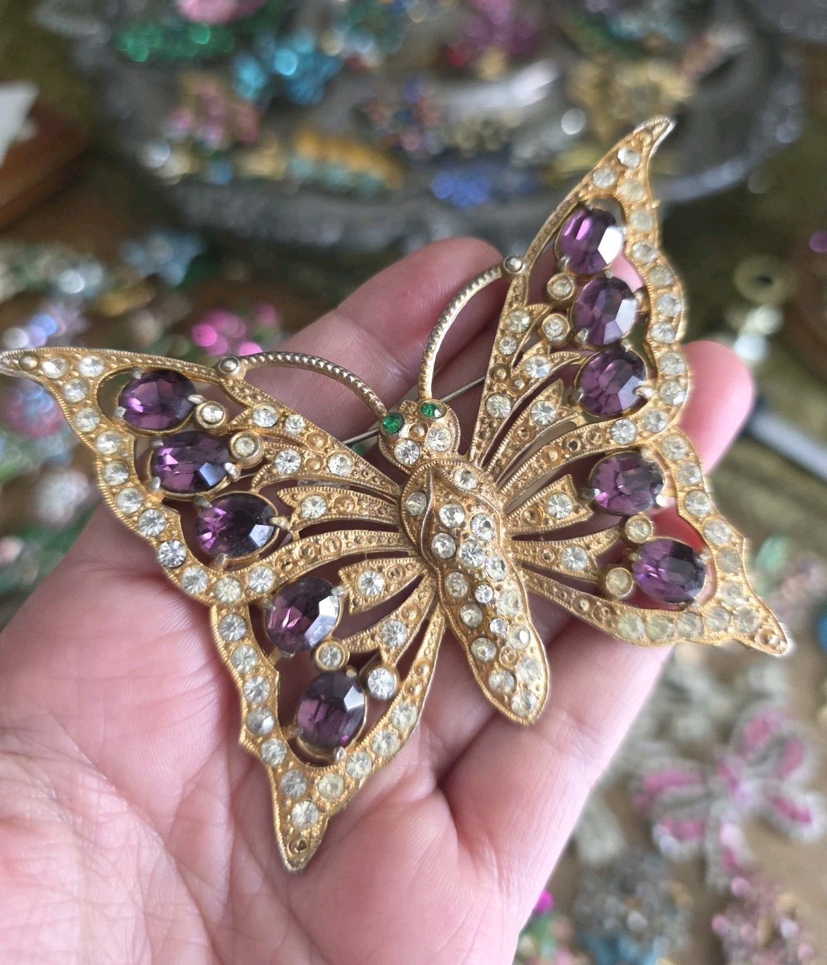 Huge Goldtone Deco Butterfly Brooch 4 In Span