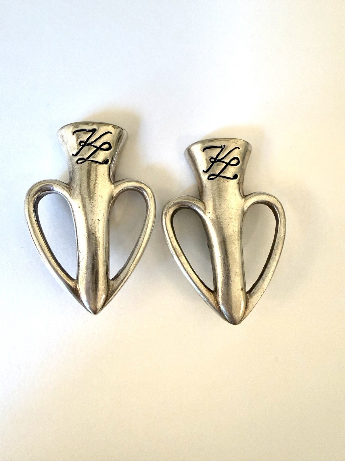 Vintage Karl Lagerfeld Logo Chunky Sivertone Clip On Statement Earrings