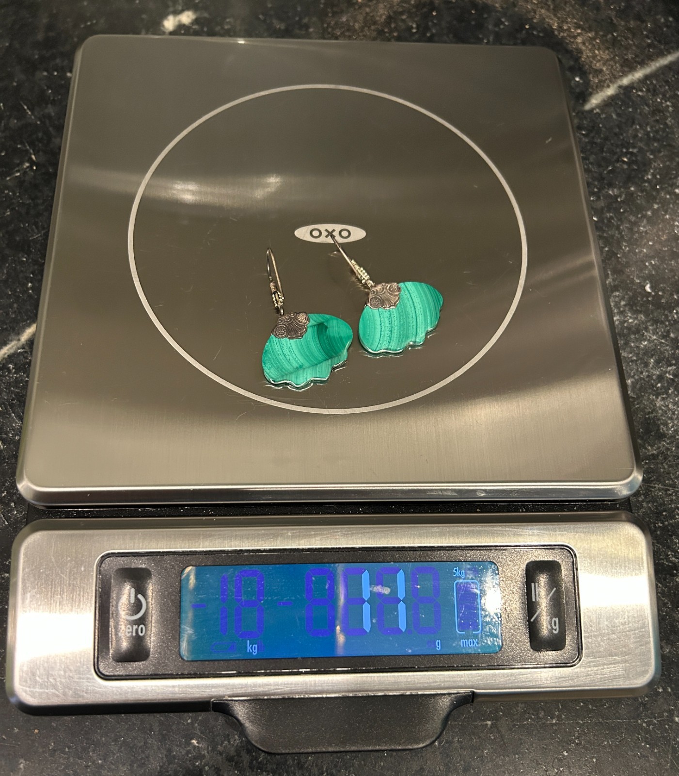 Vintage Malachite and Sterling Silver Drop Dangle Pierced Ear Hook Earrings