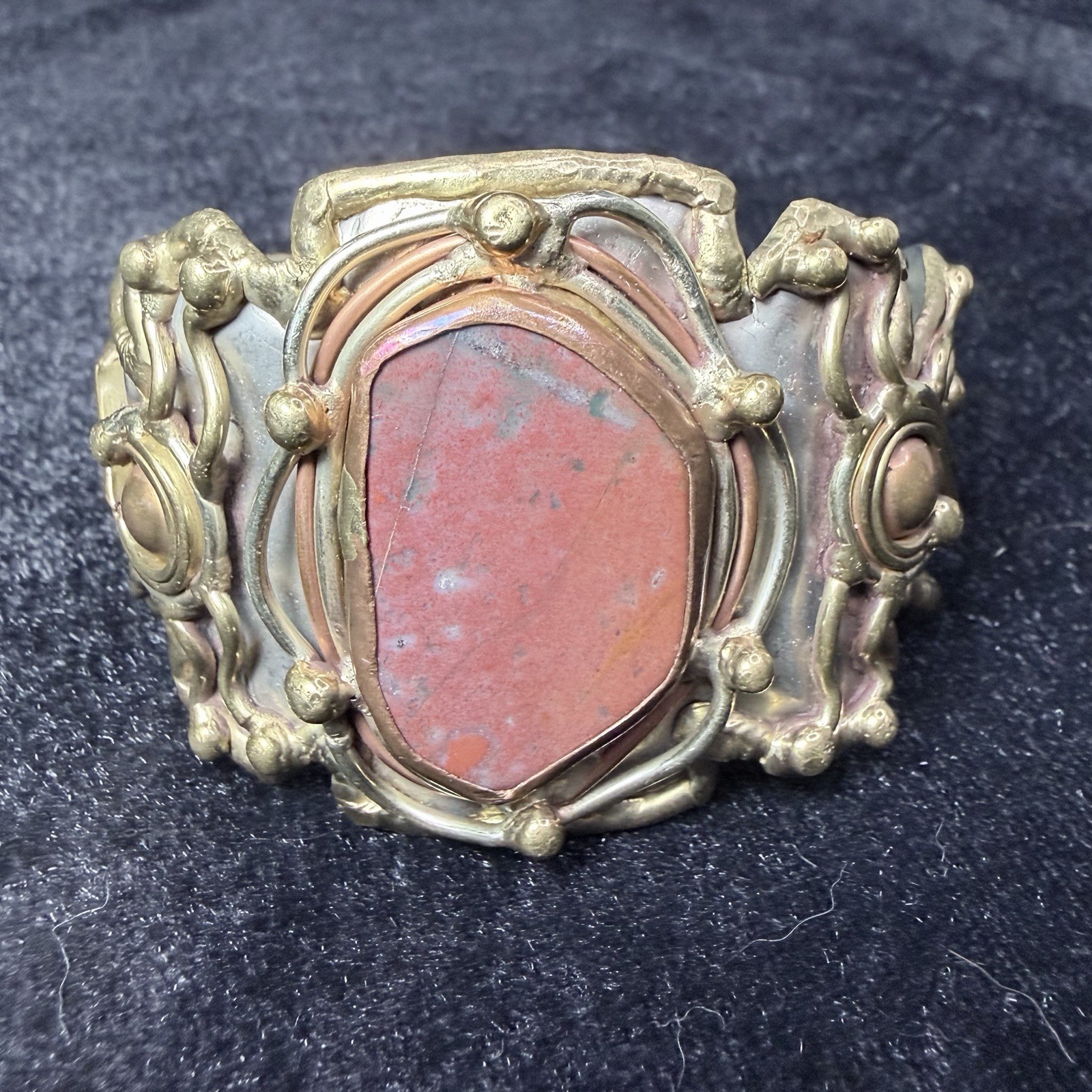 Beautiful Brutalist Mixed Metal Cuff Bracelet Brass & Copper Large Natural Stone