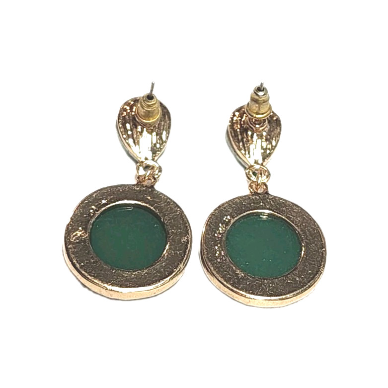 Vintage Green Faux Stone Rhinestone Gold Tone Dangle Earrings Teardrop Round GUC