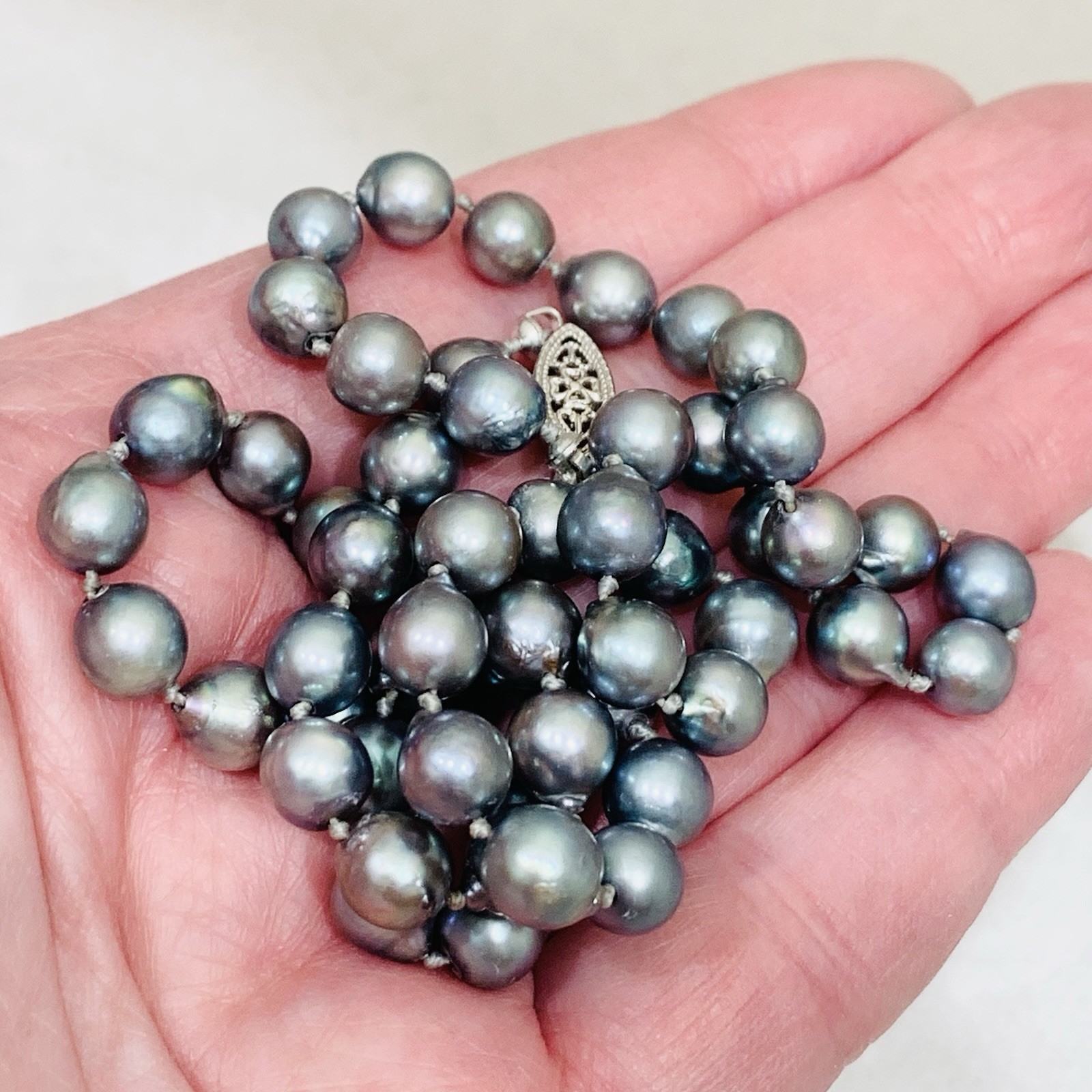 VTG BLUE AKOYA PEARL Necklace SET 10k WG 7mm Baroque Saltwater Pin 3″ SILVER 19″
