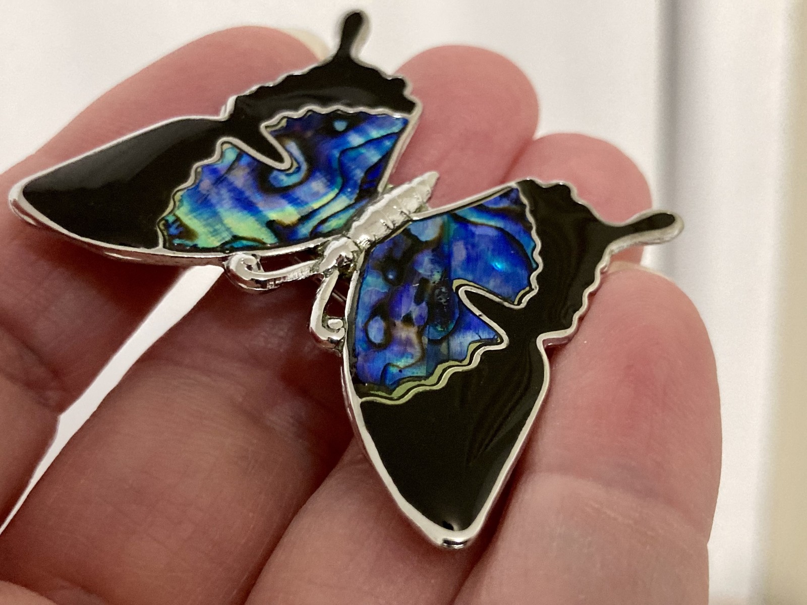 Vtg Butterfly Brooch Abalone Paua Shell Silver-Tone Black Enamel Inlay
