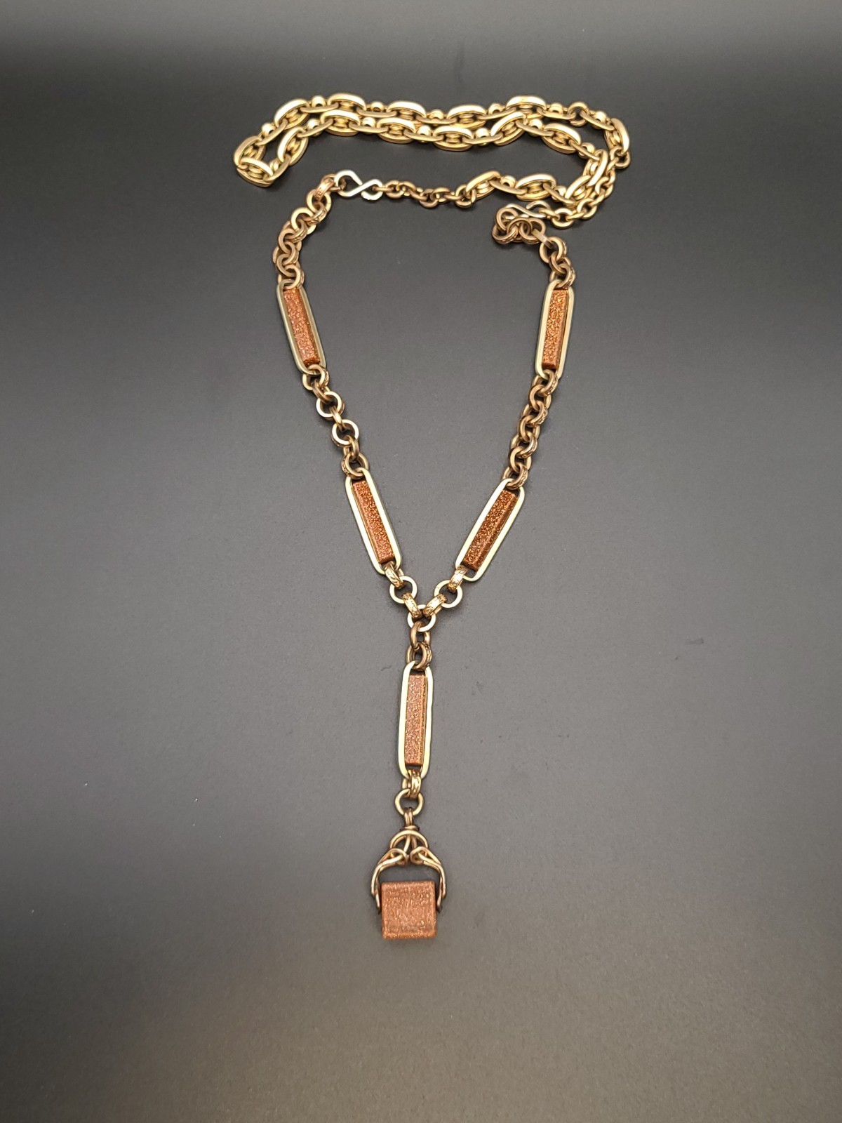 Antique Victorian Goldstone Gold Filled Heavy Chunky Cube Pendant Necklace 27″