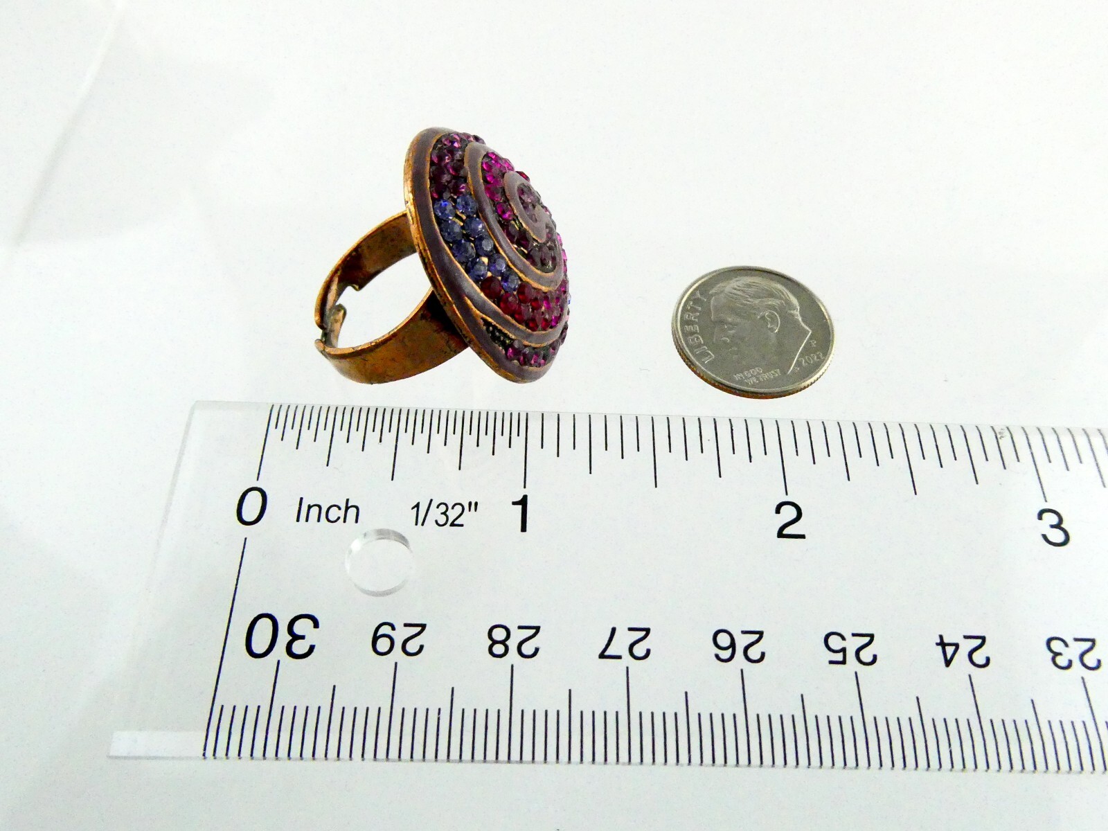Copper Tone Metal Rhinestone Studded Spiral Adjustable Ring Size 7.5 11.2 Grams