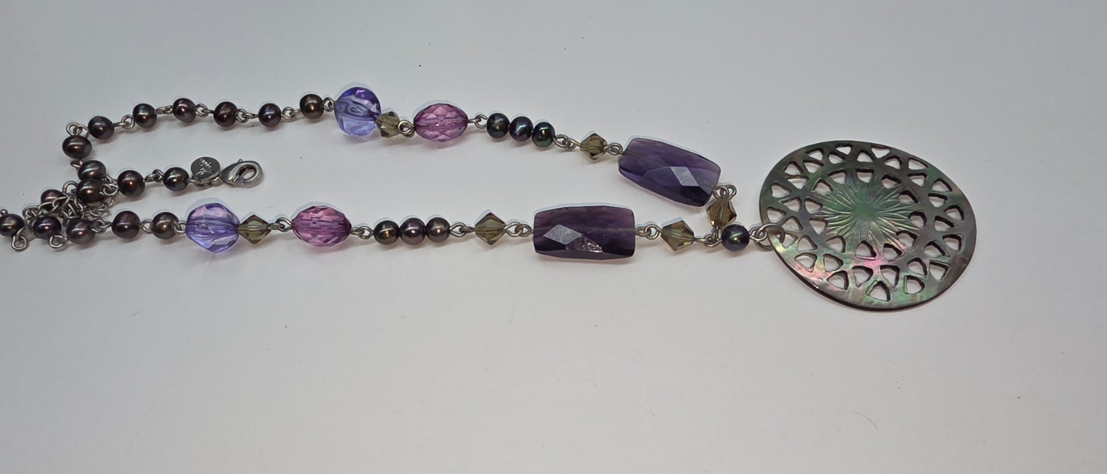 Signed Lia Sophia MOP Peacock Pearl Purple Pink Crystal Acrylic Necklace Vintage