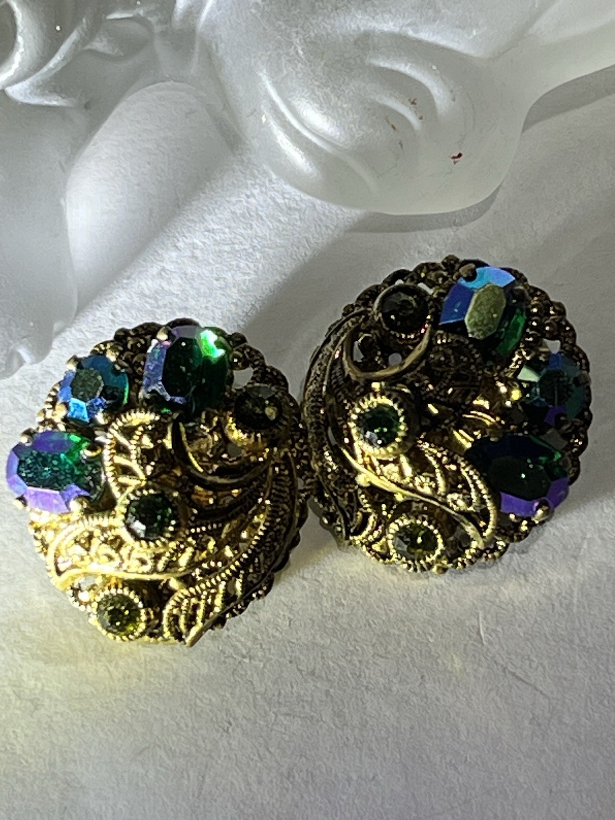 Blue Green Tones Clip On Rhinestone Earrings Aurora Borealis Finish GERMANY