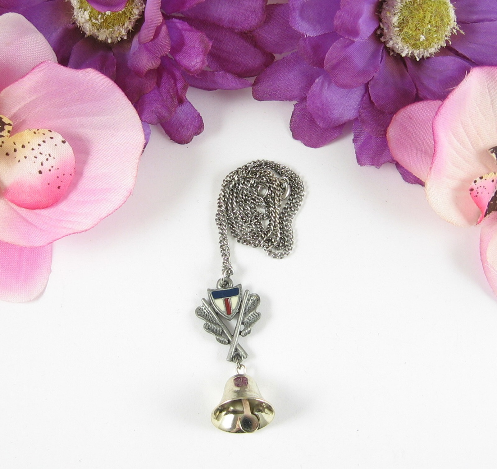 Red White Blue Enamel SHIELD Pewter Pendant Vintage Necklace Silvertone BELL ART