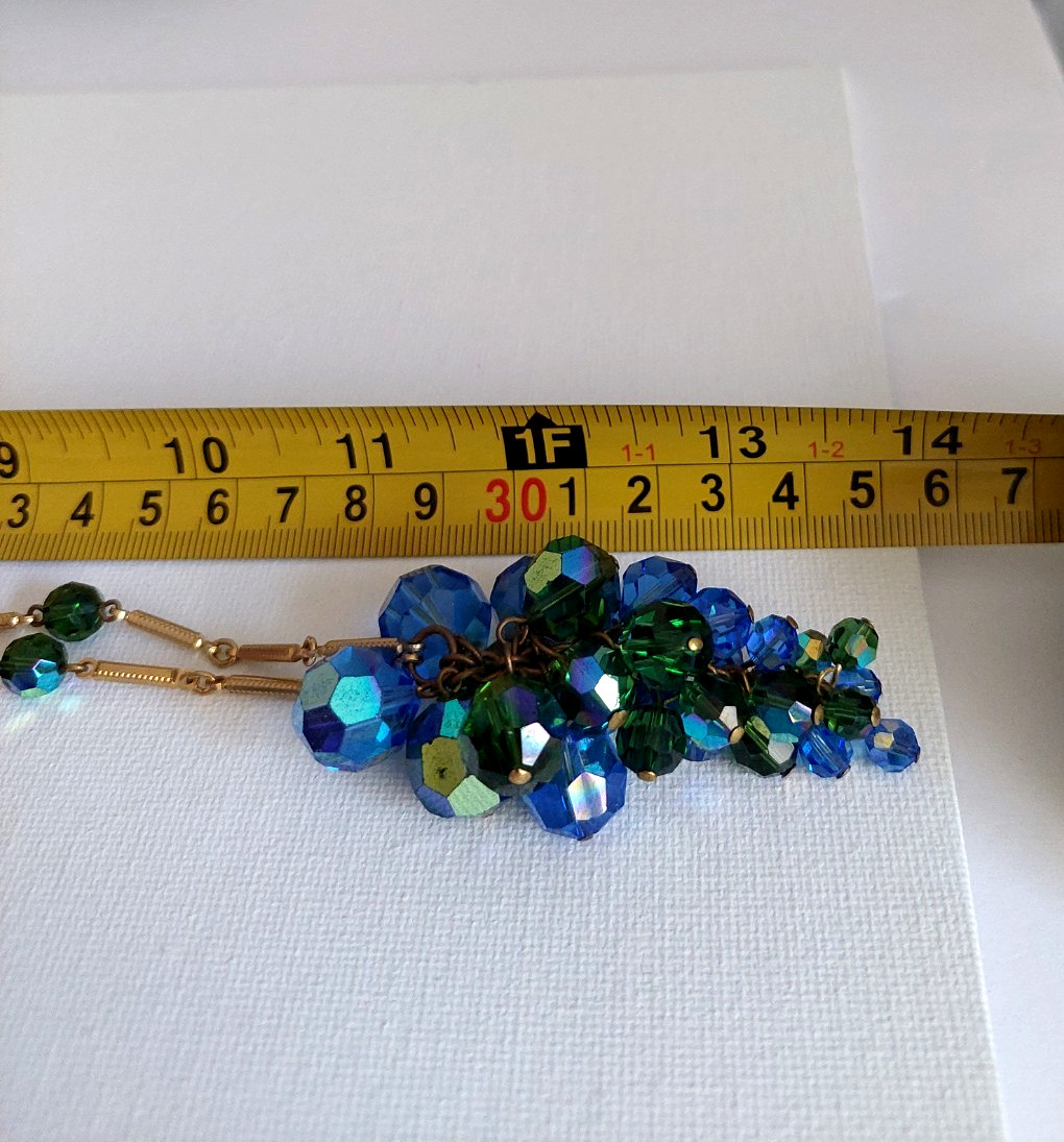 Vintage Gold Tone AB Crystal Blue Green Cluster Pendant Necklace 28 ” Grapes