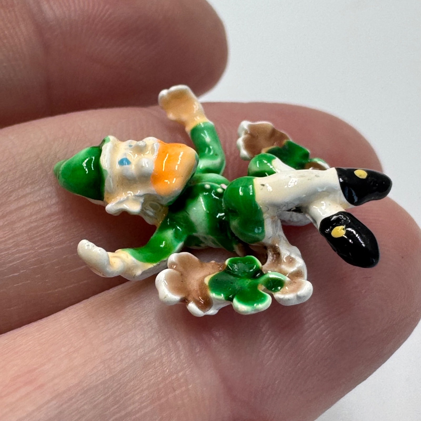 Vintage Leprechaun Figurine Lapel Pin Shamrock St Patrick Day Green Enamel