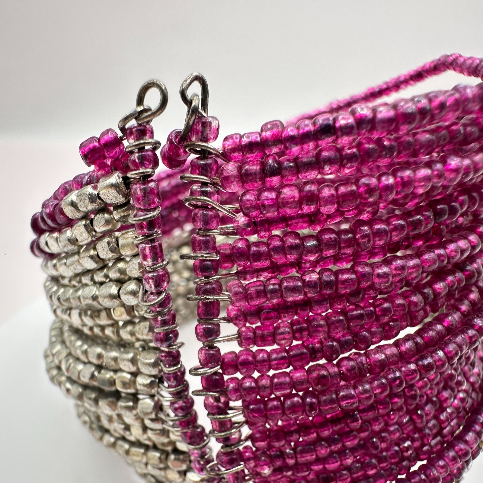 Vintage 90s Magenta Pink &Silver Seed Bead Multi-Strand Wrap Cuff Bracelet Boho