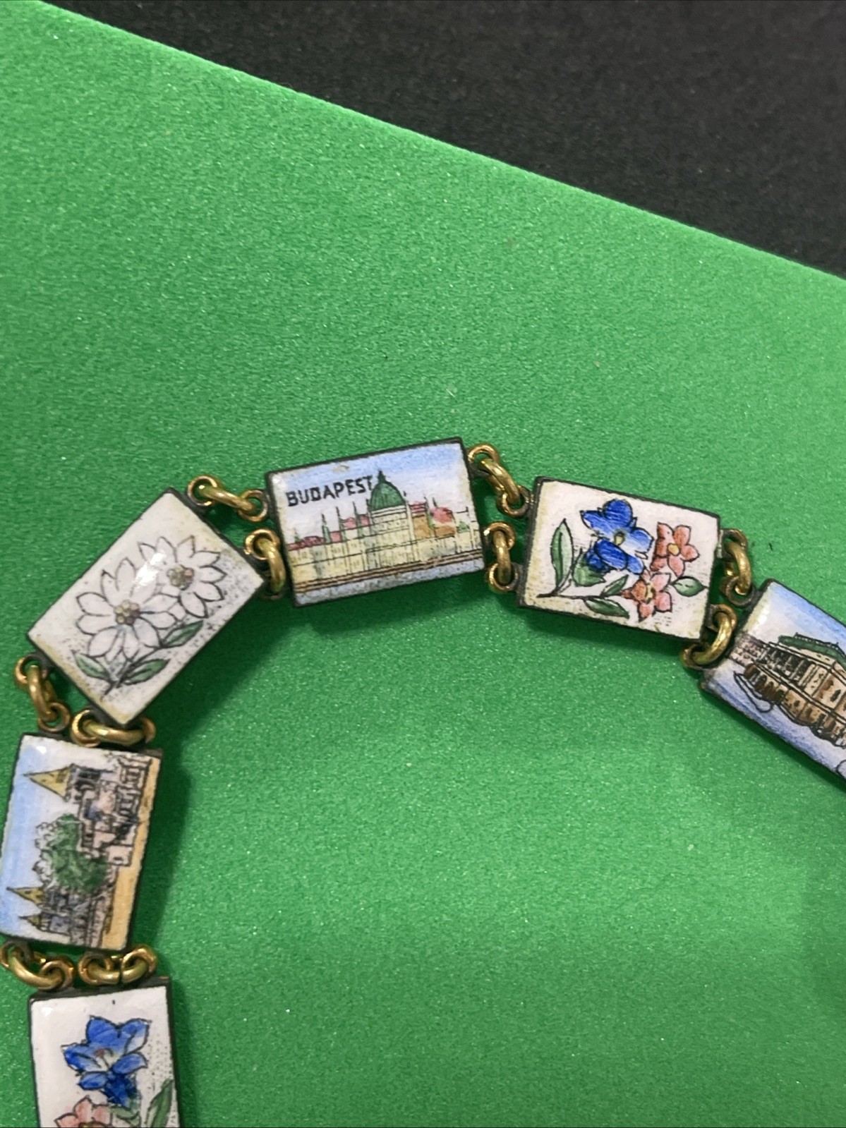 Vintage Enamel Budapest Souvenir Bracelet Showing Buildings & Colorful Flowers