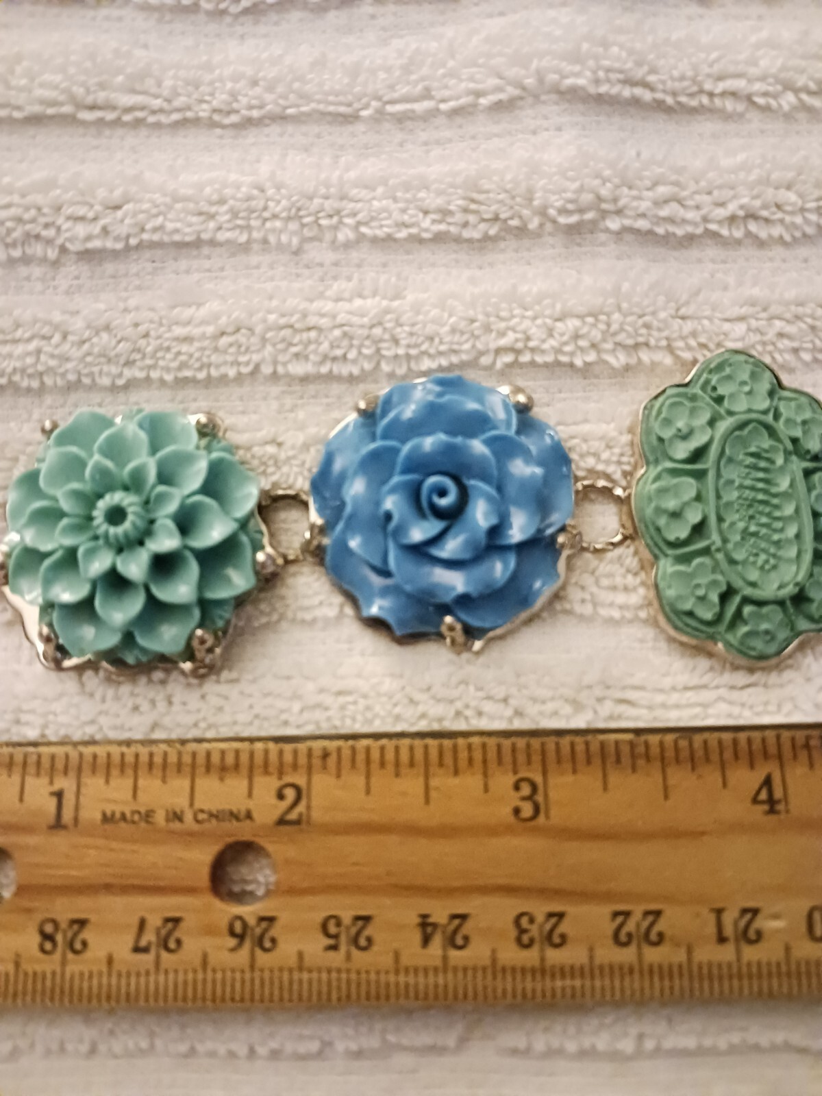 Amy Kahn Russell Green and Blue Carved Flower Bracelet