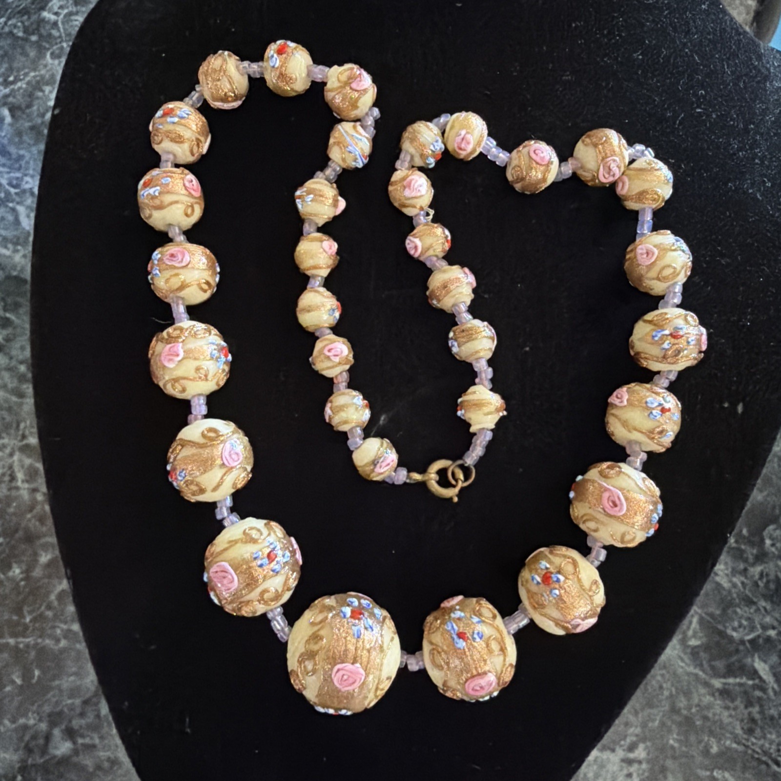 Vintage Murano Venetian Art Glass Necklace, Wedding Cake beads Ivory Gold Pink!