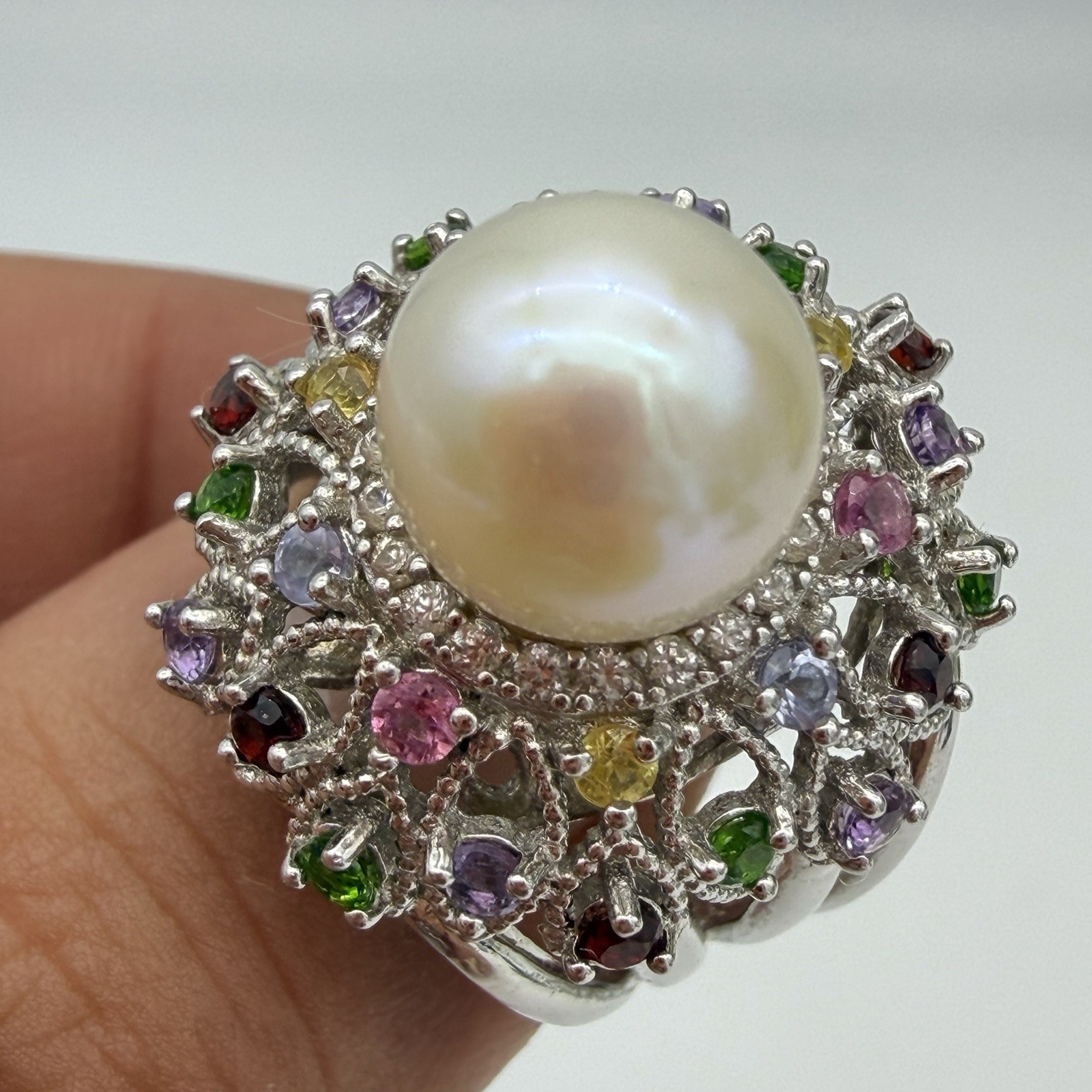 Vtg JZ Sterling Silver Pearl Gemstone Princess Ring Garnet Period Size 6 QVC
