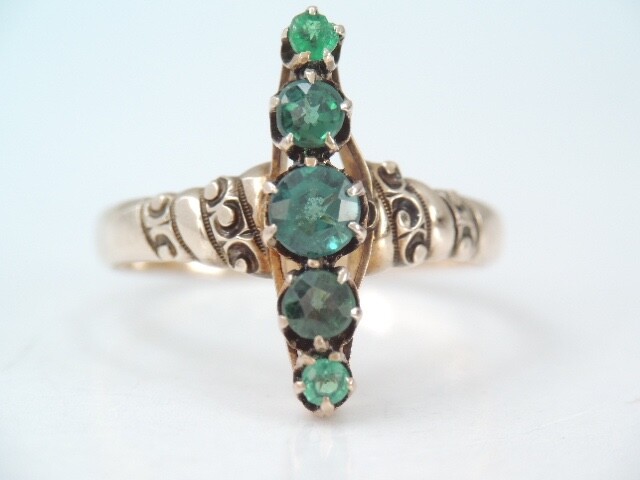 ANTIQUE VICTORIAN 10K YELLOW GOLD 5 STONE EMERALD NAVETTE RING sz 4 3/4