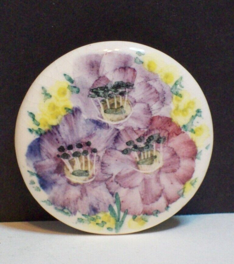 Vintage Purple Flowers Poppy Pin Hand Painted Ceramic Floral Brooch Handmade