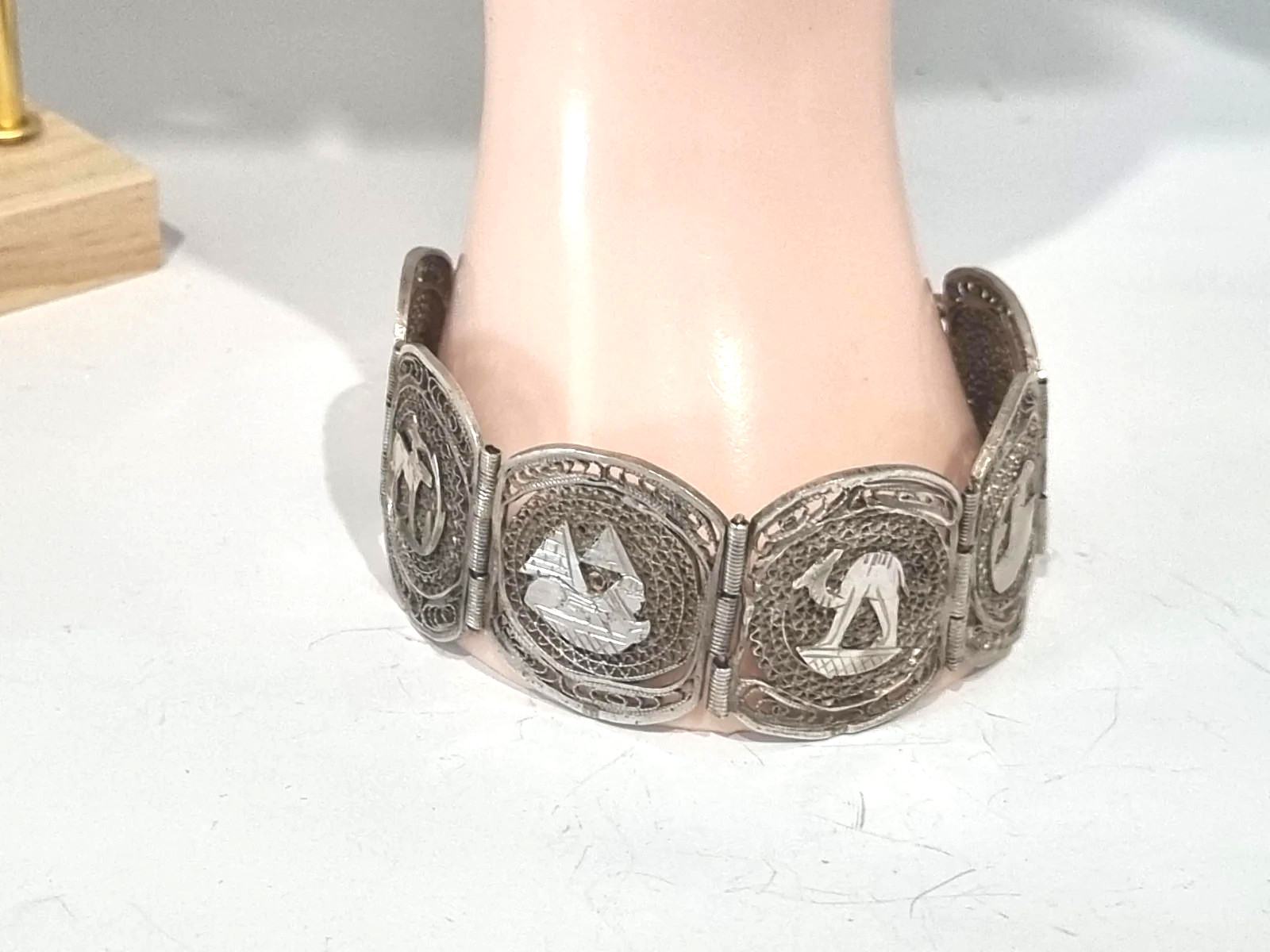 Vintage 12k White Gold Fill Sterling Egyptian Theme Filigree Bracelet See Video