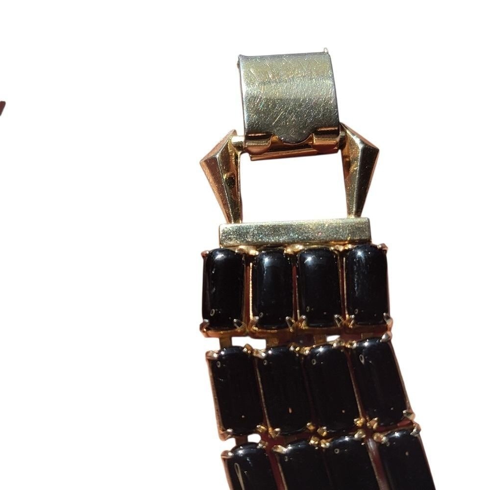 Vintage Black Glass Panel Bracelet Gold Tone Retro Mid Century Costume Jewelry