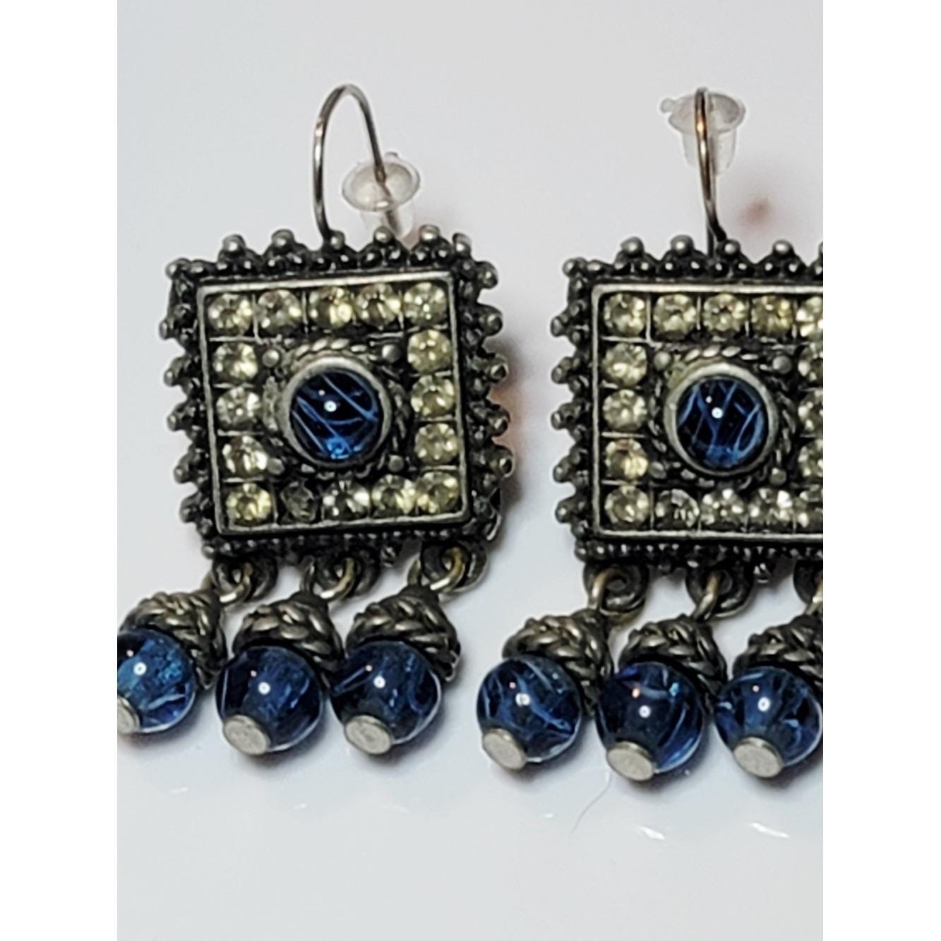 Ben-Amun Blue Glass Cabochon Rhinestone Dangle Earrings Antique Silver Tone 2″