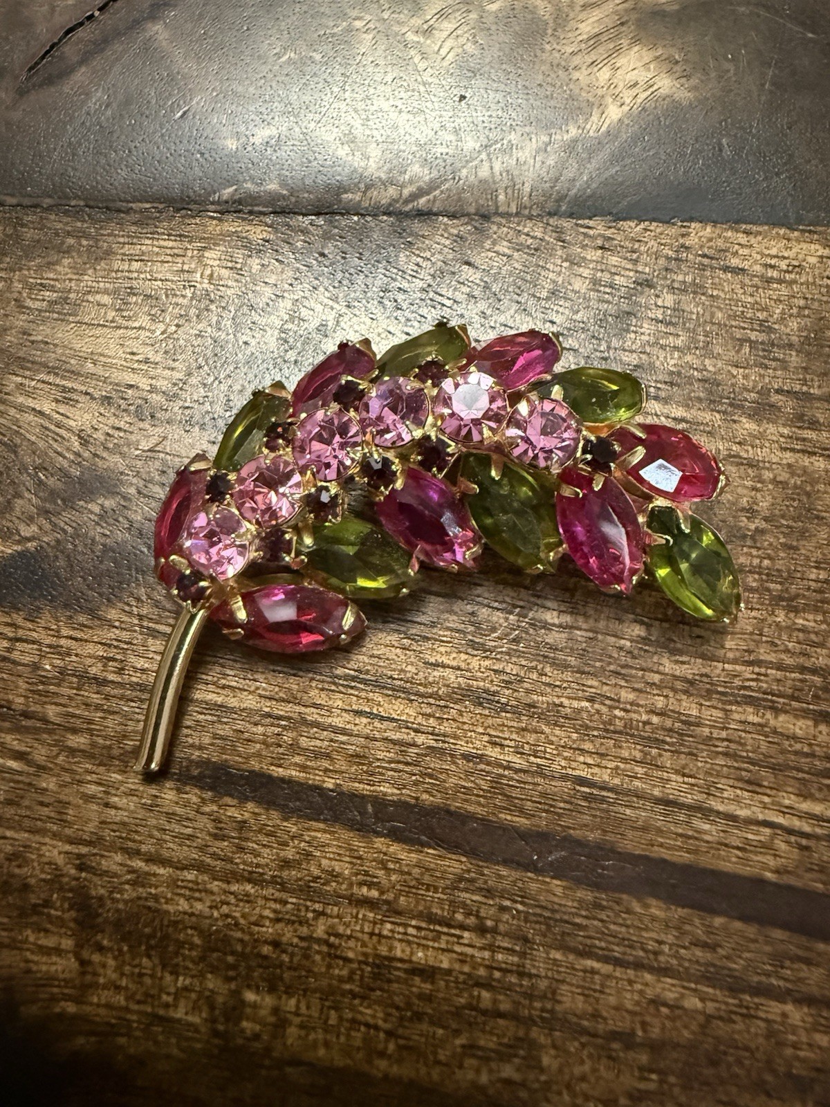 Vintage Gold Tone Domed Leaf Pin/Brooch w/ Pink and Green Prong Set Glass Stones