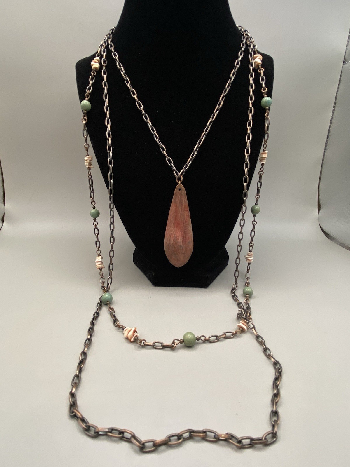Vintage Three Chain Beaded Shell Necklace Acrylic Copper Tone Estate