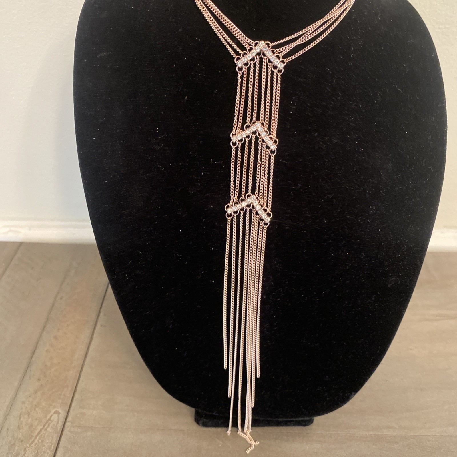 Necklace Rose Gold Tone Long Rhinestone Layered Tassel Fringe Boho Chic Y2K Glam
