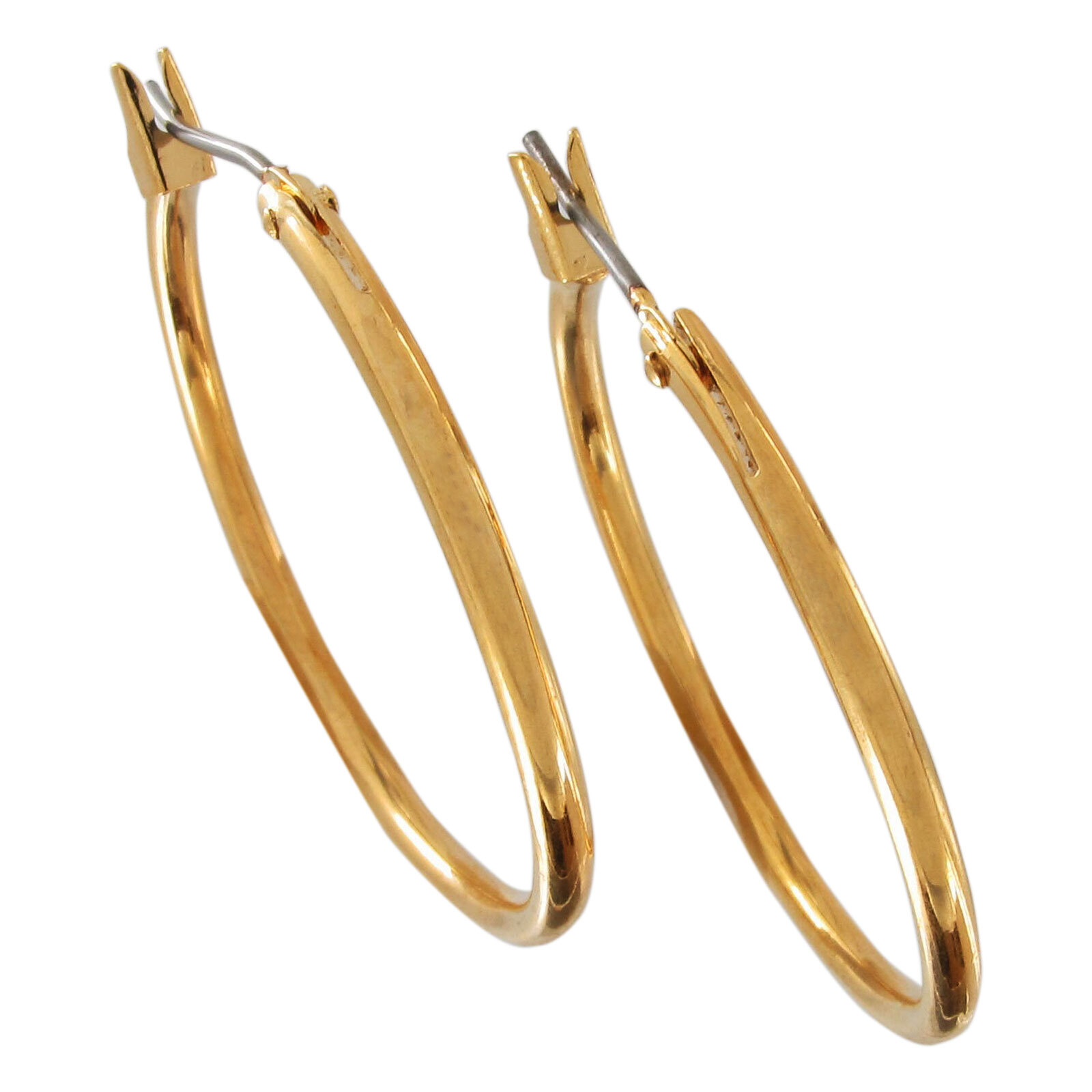 Classic Solid Plain Round Hoop Earrings Pierced Gold Tone Snap Down 1 3/16″