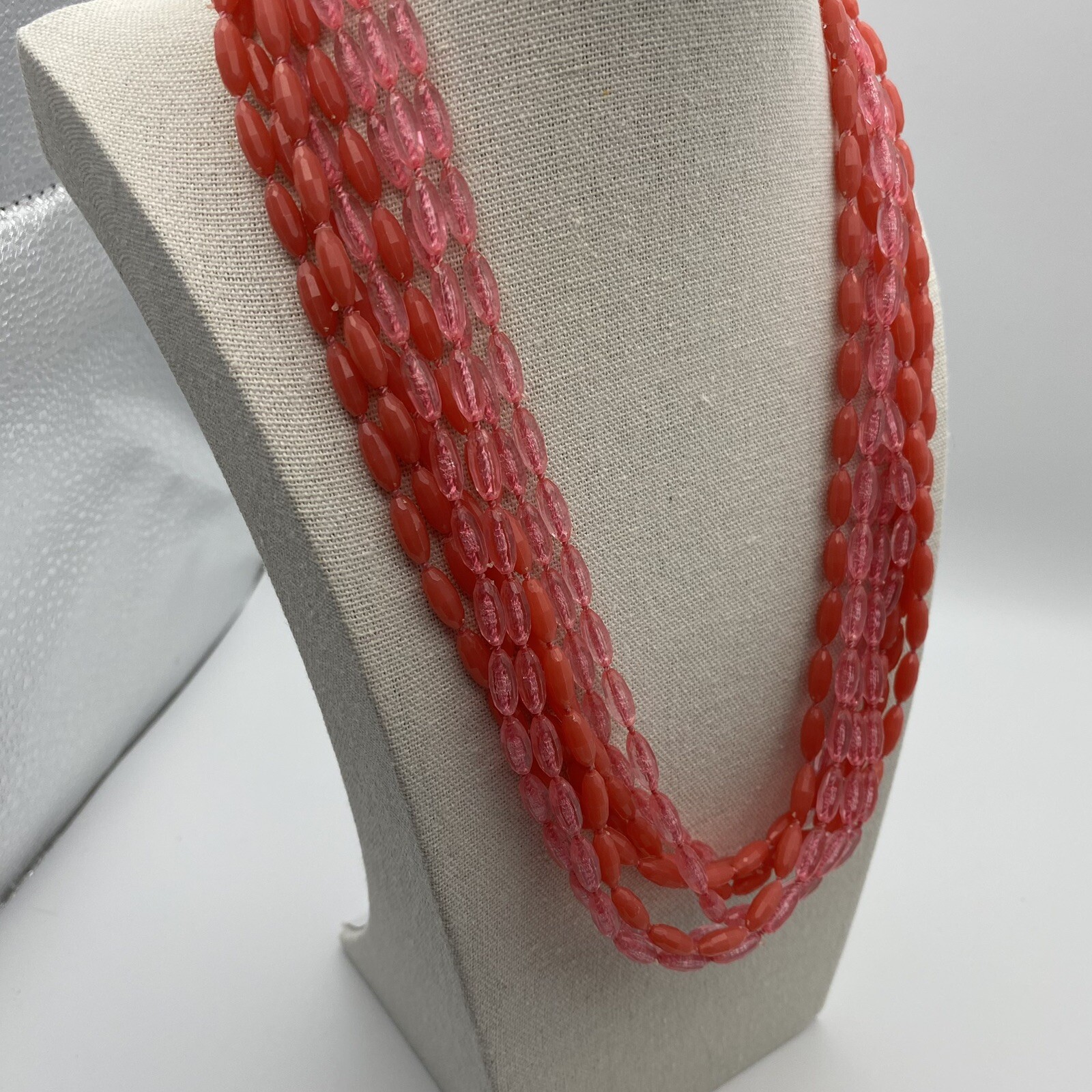 Retro Pink & Coral Multi-Strand Beaded Statement Necklace Jewelry Vintage