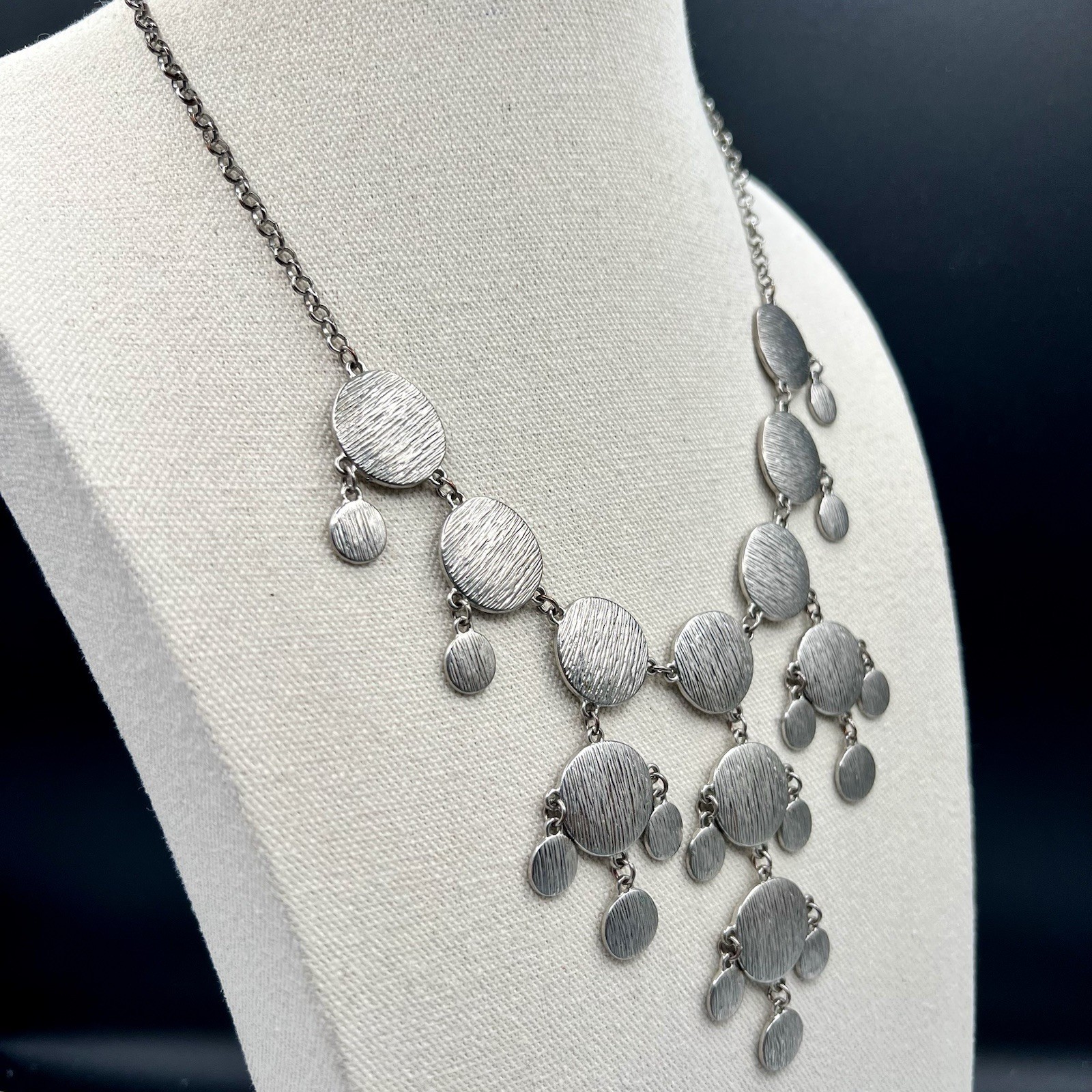 Vintage Brutalist Bib Necklace Silver Tone Disc Fringe Statement Adjustable