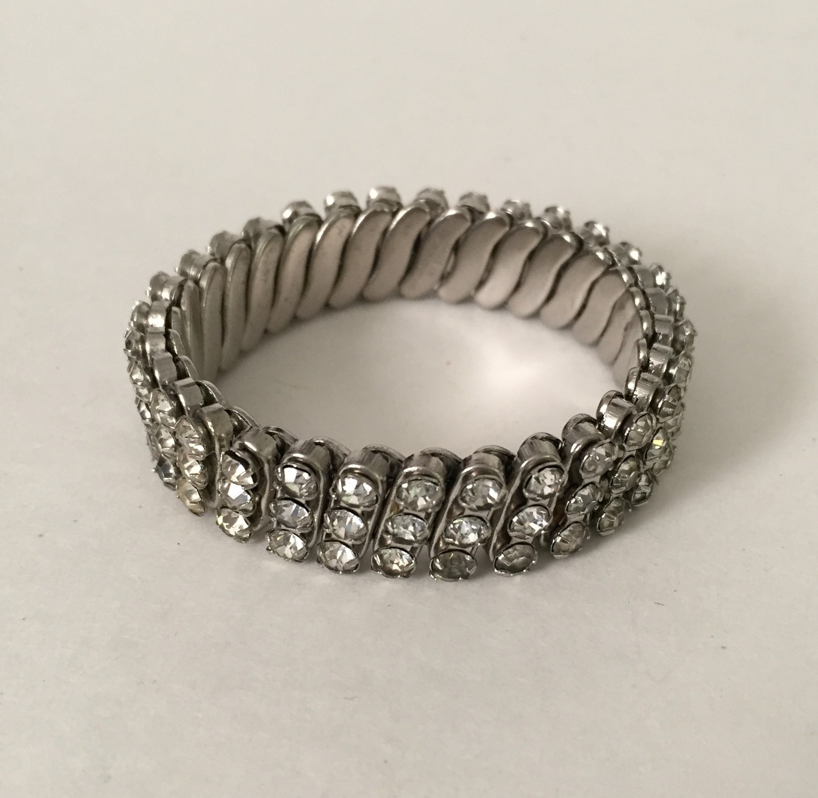 Vintage Stretch Band Style Bracelet Silver Tone W/3 Rows Rhinestones British HK