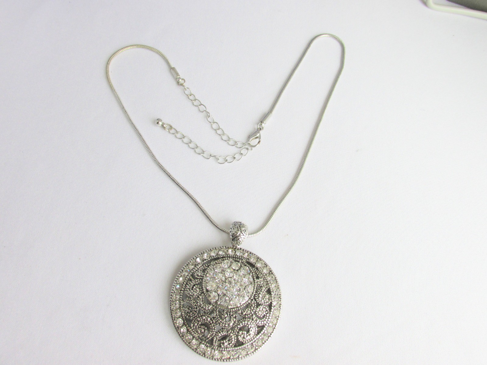 Super Sparkler Rhinestone Pendant 17″-18″ Necklace Snake Chain Silver Plate
