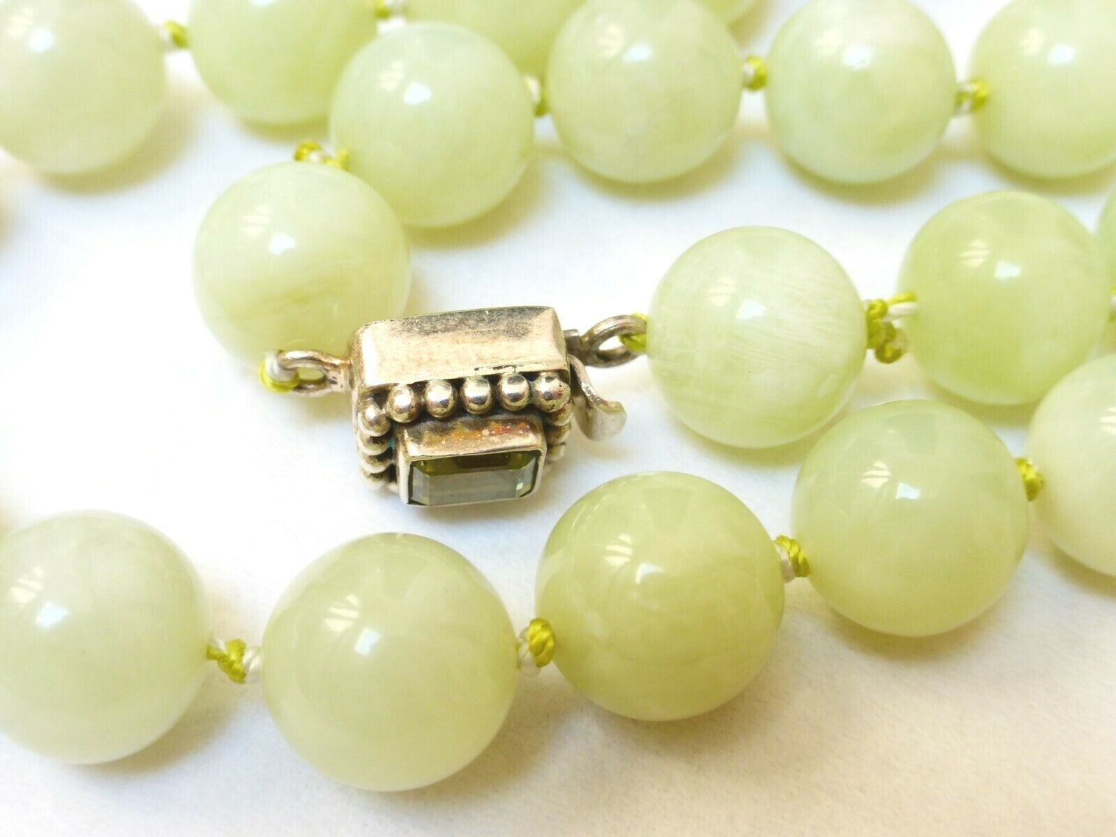 Chinese Green 12mm Jade Beads Necklace, Sterling Clasp,18″
