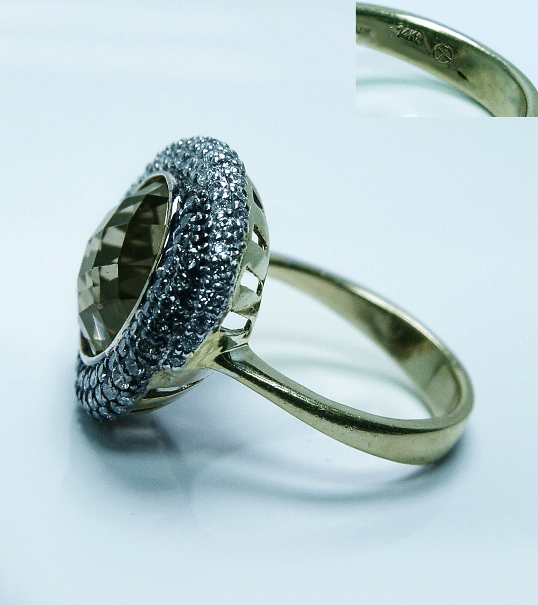 Vintage Quartz Champagne White Diamond Ring 14K Gold Designer Estate Italy