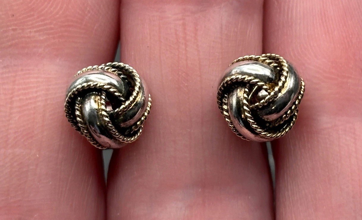 Vintage Two-Tone Sterling Silver 925 Twisted Rope Ball Love Knot 8.4MM Earrings