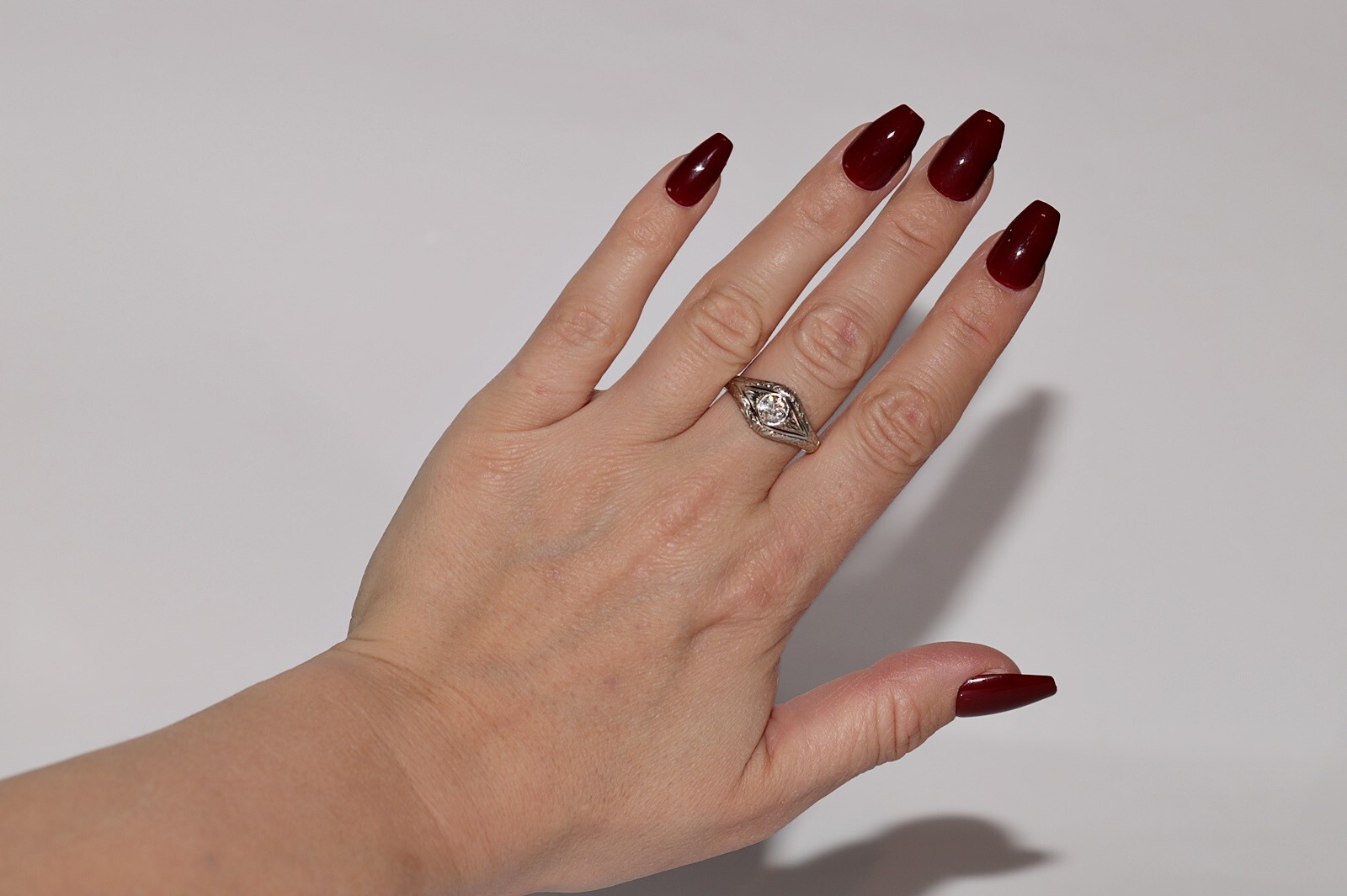 Antique Circa 1920s Art Deco 18k Gold Natural Diamond Decorated Solitaire Ring