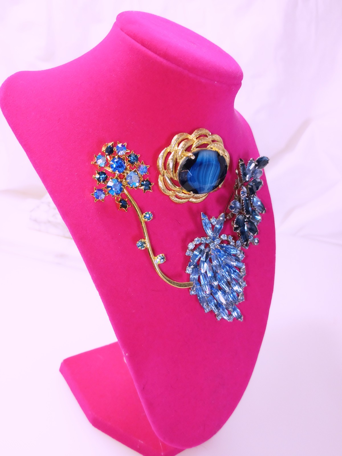 Rhinestone Costume Vintage Jewelry Lot, 4 Piece, Blue, Silver Tones, Gold Tones