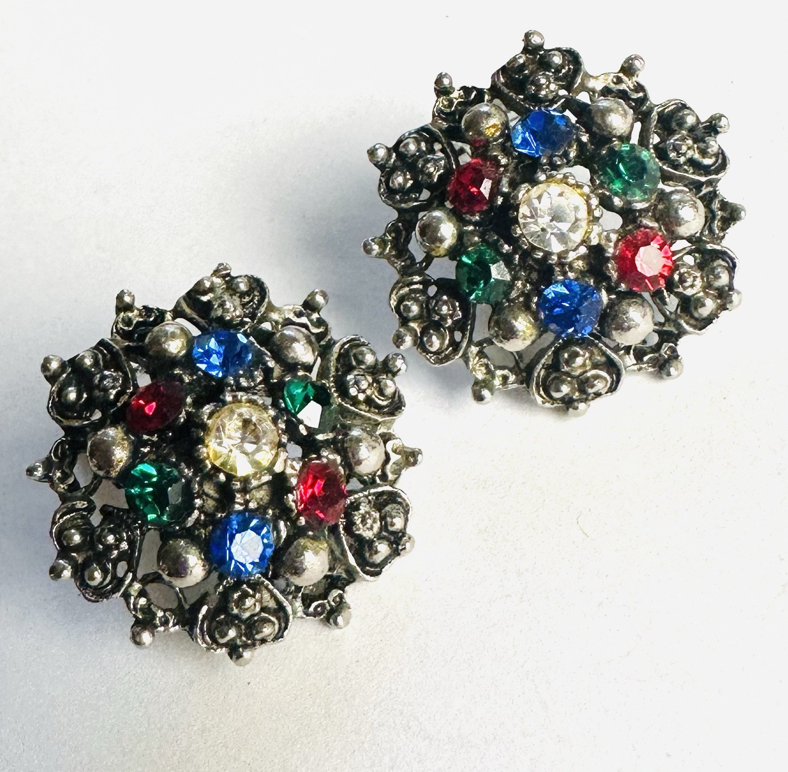VTG Rhinestone Blue Red Green Silver Tone Earrings 1950s 1960s Vivid