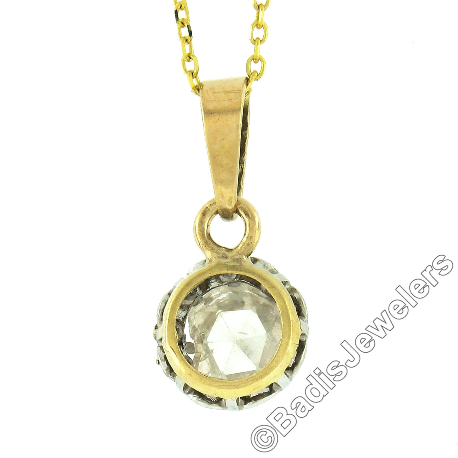 Antique 18k Gold Platinum 0.40ct Rose Cut Diamond Solitaire Pendant w/ 16″ Chain