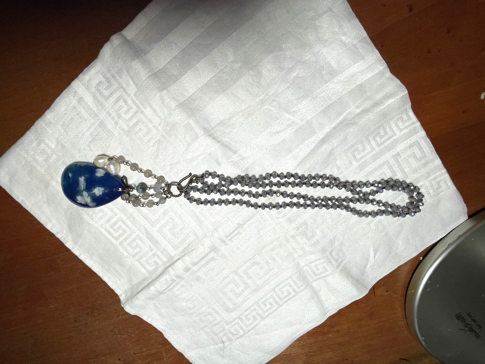 Faceted Violet Blue CHALCEDONY 35″ necklace with blue stone Pendant and pearls