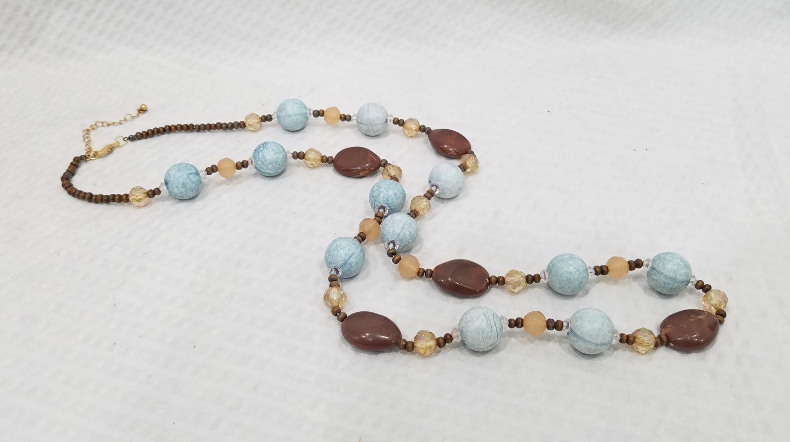 Acrylic Brown Beige Crystal Pale Aqua & Brown Seed Bead 36″ Long Necklace