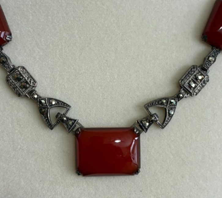Antique Art Deco Carnelian Glass Sterling Silver & Rhinestones Necklace 16″
