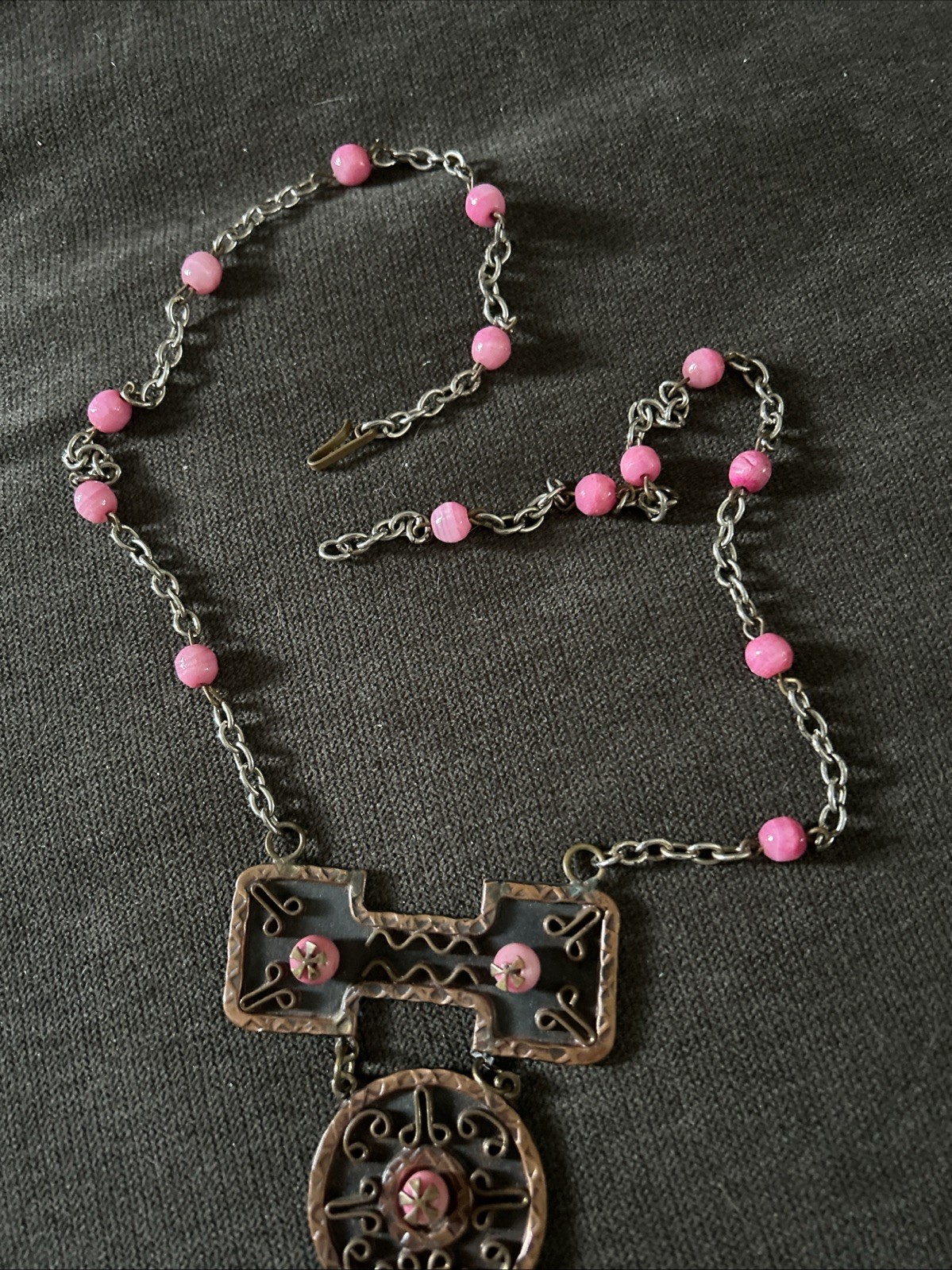 Vintage Casa Maya Mexico Necklace Copper Brass Pink Color Beads —