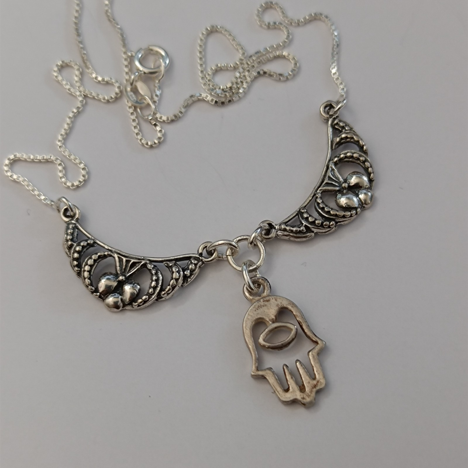 Sterling Silver Hamsa Necklace Hand of Fatima Vintage Ethnic Bib Spiritual Gift