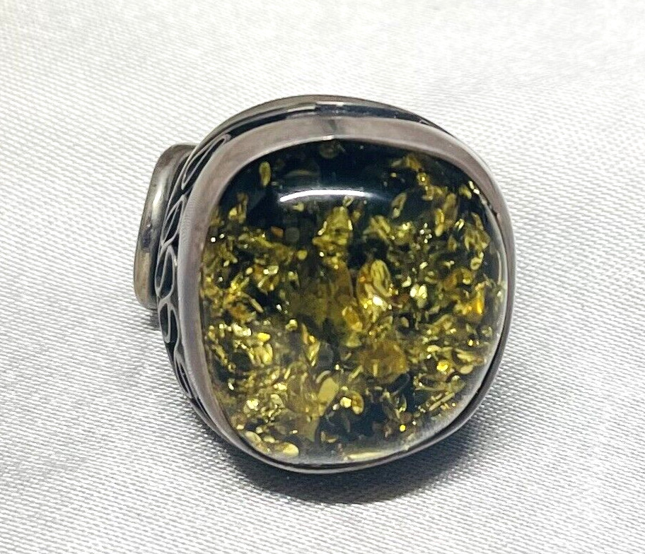 FINEST VIVID GREEN BALTIC AMBER & HAND-MADE STERLING RING ADJ.