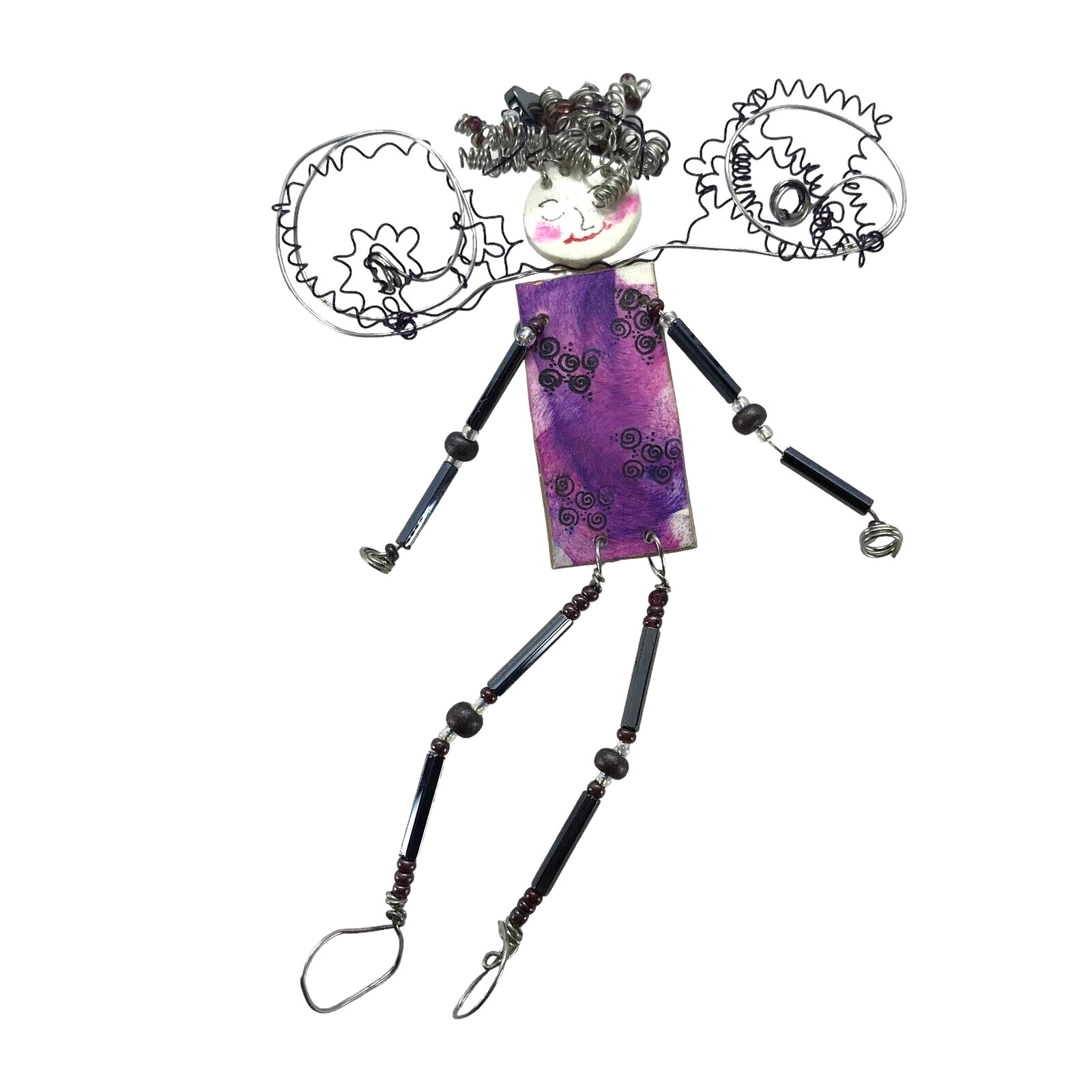 Fairy Angel Pin Brooch Handmade Whimsical Mixed Media Wire Dangler legs arms