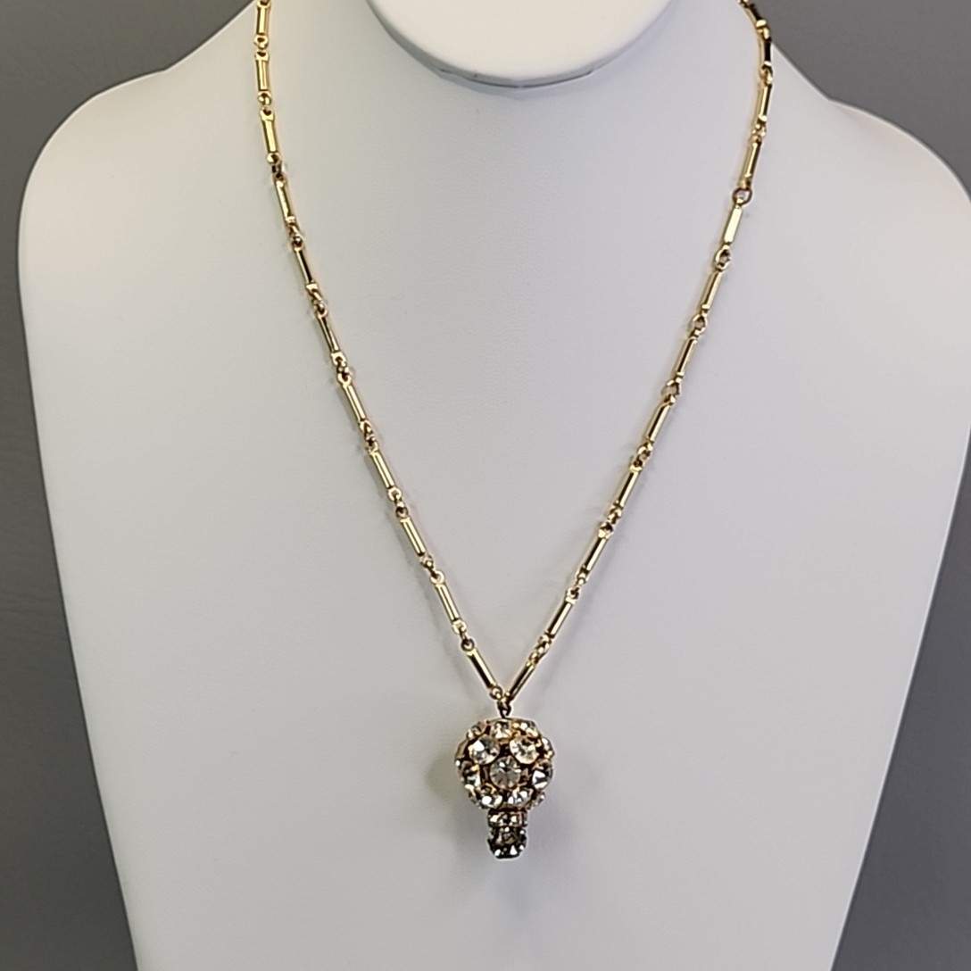 Vintage Rhinestone Ball Necklace Gold Tone Bar Link Chain 19″