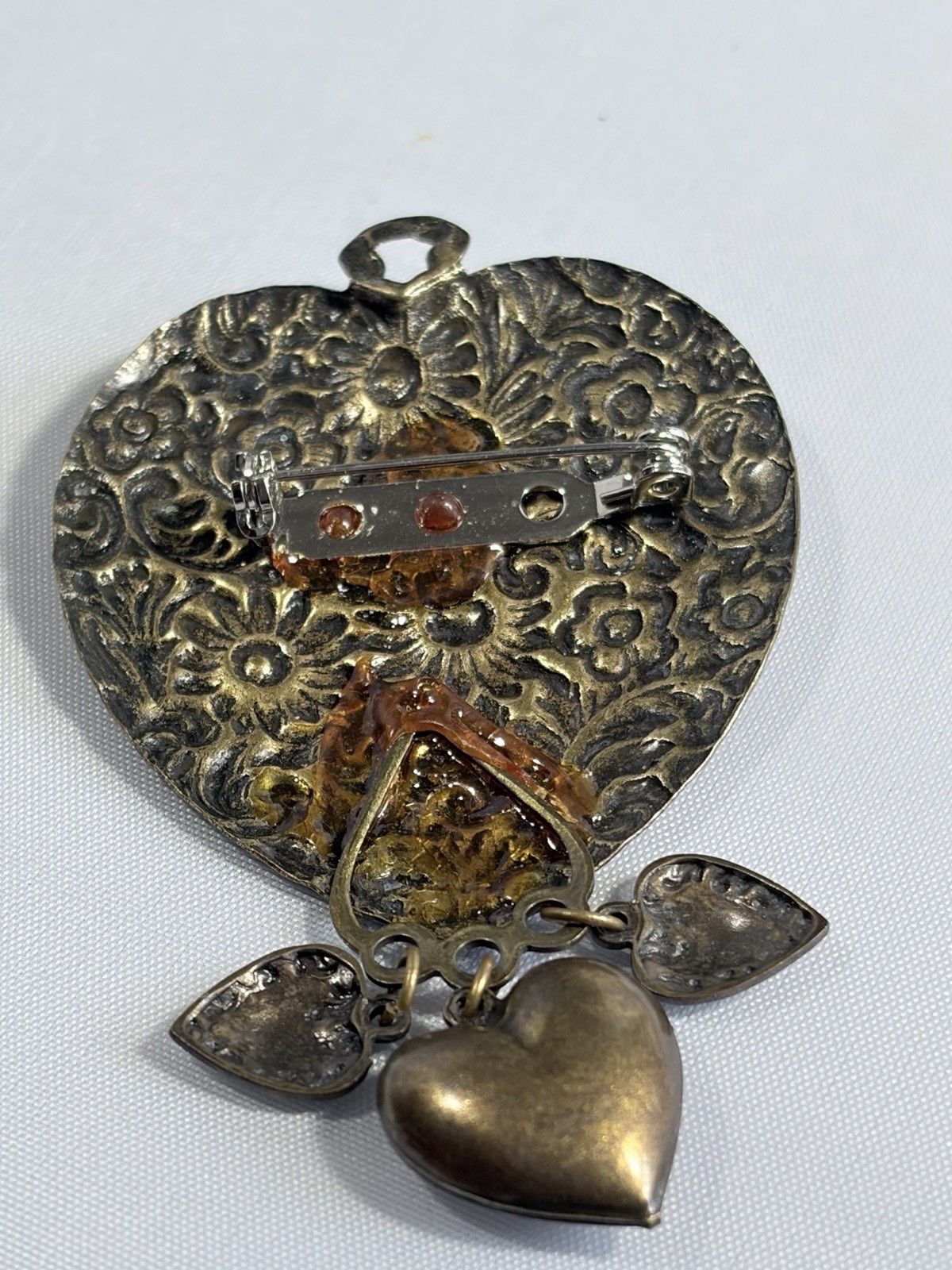 Vtg Heart Art Nouveau Victorian Revival Style Brass Pendant Brooch Floral Ornate