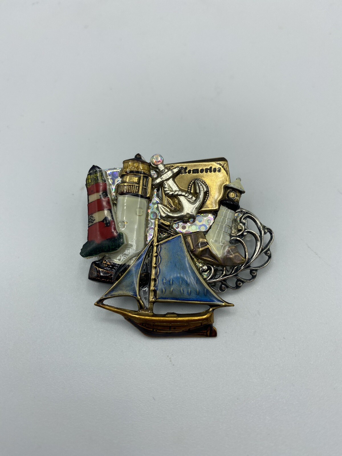 OCEAN SCENE Multicolor Nautical Pin/Brooch Vintage Boat Ship Lighthouse Anchor